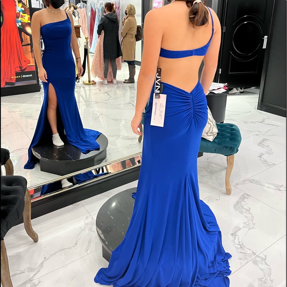 blue one shoulder jovani prom dress
